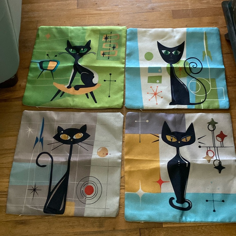 4 Retro Style Atomic Black Cat Throw Pillow Zip Covers - New